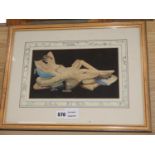 English School c.1920, hand coloured print, Reclining woman reading a book, 15 x 27cmCONDITION: