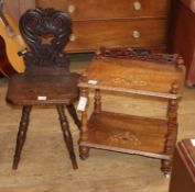 A Victorian inlaid walnut two tier whatnot (cut down) and a Swiss oak hall chair, whatnot W.53cm,