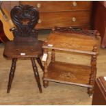 A Victorian inlaid walnut two tier whatnot (cut down) and a Swiss oak hall chair, whatnot W.53cm,