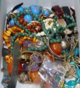 Mixed jewellery including two amber necklaces(gross 57 grams), a 925 bangle and brooch, a 585