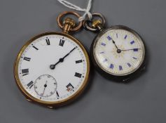 A 1920's 9ct gold pocket watch (a.f.), gross 53.5 grams and a 935 white metal cased fob watch.