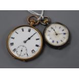 A 1920's 9ct gold pocket watch (a.f.), gross 53.5 grams and a 935 white metal cased fob watch.