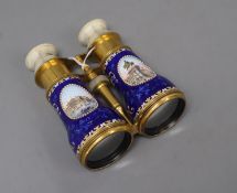 A pair of gilt brass and enamel opera glasses, with mother of pearl overlay and painted Italian