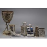 An Edwardian silver mounted hip flask, 11.4cm, a similar cornucopia vase and four other items