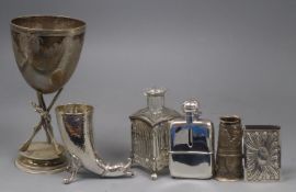 An Edwardian silver mounted hip flask, 11.4cm, a similar cornucopia vase and four other items