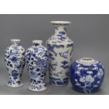 A Chinese blue and white 'dragon' vase, two blue and white vases and a jar, all c.1880-1910, tallest