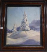 A. Kraus, oil on canvas, Alpine landscape with snow covered pine trees, signed and dated '42, 47 x