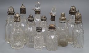 Six assorted 19th century silver topped glass cruets and six others with plated or white metal