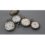 A white metal hunter pocket watch and three others including two silver.