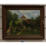 MCC, oil on board, Figures going to a country church, monogrammed and dated 1885, 22 x