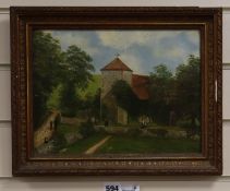 MCC, oil on board, Figures going to a country church, monogrammed and dated 1885, 22 x