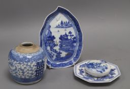 A Chinese blue and white jar, a cover and two dishesCONDITION: The octagonal saucer has a hairline