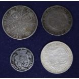 A George V silver florin, 1917 NEF, 1889 half crown, 1819 florin and 1821 shilling