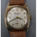 A gentleman's 1950's 9ct gold Bentima Star manual wind wrist watch, on later associated leather