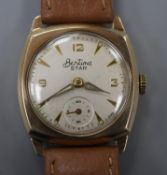 A gentleman's 1950's 9ct gold Bentima Star manual wind wrist watch, on later associated leather