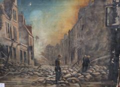 Edward Davison, oil on canvas, 'Reflections', Fire squad during The Blitz, signed and dated 1942,