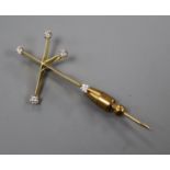 A 20th century yellow metal and diamond set 'Southern Cross constellation' stick pin, 57mm, gross
