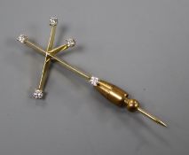 A 20th century yellow metal and diamond set 'Southern Cross constellation' stick pin, 57mm, gross