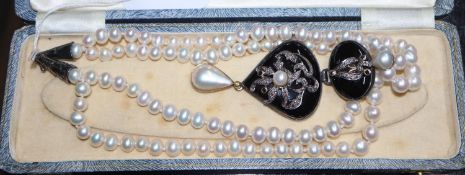 A modern silver, 22ct, black onyx, cultured pearl, sapphire and rose cut diamond set drop pendant,