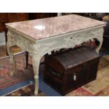 A Louis XV style marble top gilt centre table, W.150cm., D.74cm., H.89cm.CONDITION: Mid to late 20th