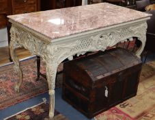 A Louis XV style marble top gilt centre table, W.150cm., D.74cm., H.89cm.CONDITION: Mid to late 20th