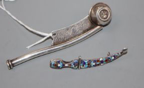 A modern 925 bosun's call, 10.2cm and a white metal and cloisonne enamel dagger brooch, 65mm,