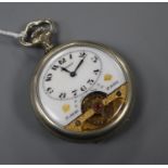 A mid 20th century base metal Hebdomas 8 Day pocket watch, the case back embossed with artist at