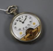 A mid 20th century base metal Hebdomas 8 Day pocket watch, the case back embossed with artist at
