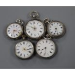 Three assorted continental white metal fob watches and two similar silver fob watches.