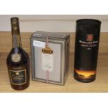 Three bottles: boxed Hine champagne cognac, Martell liqueur cognac and a boxed Highland park 12 year