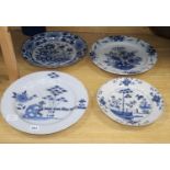 Four 18th century Delft blue and white dishes, largest 35cm (a.f.)