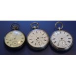 Two silver pocket watches and one other pocket watch.