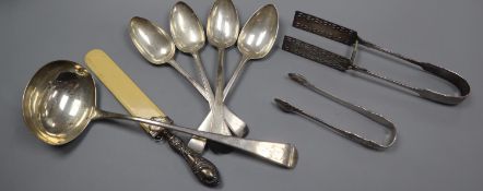 A set of three George III silver Old English pattern feather edge tablespoons (tips worn) by