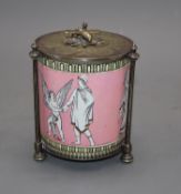 A Staffordshire pottery preserve pot, raised in a plated stand, the lid with a bee finial, height