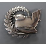 A post 1945 Georg Jensen 925 'Robin on a fern frond' brooch (adapted?), design no. 309, 49mm, 12