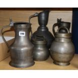 Three pewter flagons and two lidded jars, tallest 31cm