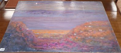 Muriel Rose (1923-) oil on board, Coastal landscape, signed, 71 x 92cm, unframedCONDITION: Some
