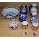 A late 19th century Chinese blue and white bowl and several other pieces