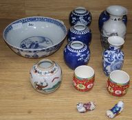 A late 19th century Chinese blue and white bowl and several other pieces