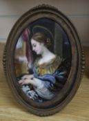 An English painted oval porcelain plaque, framed, 16 x 11cm excluding frame