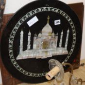 A mother-of-pearl inlaid dish depicting the Taj Mahal with two paintings