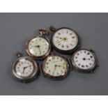 Three assorted continental white metal fob watches and two similar wrist watches.