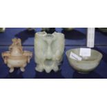 A Chinese jade 'champion' vase, a jade censer and cover and a green stone bowl, tallest 10cm