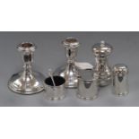 A pair of modern silver dwarf candlestick, Sheffield, 1994, 98mm, weighted, a modern silver pepper