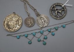 A white metal and turquoise bead set drop necklace (beads missing) and four other items including