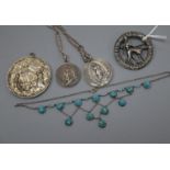 A white metal and turquoise bead set drop necklace (beads missing) and four other items including