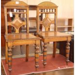 A pair of late Victorian oak wood seat hall chairs, H.73cm