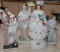 Four Staffordshire figures in the manner of WoodCONDITION: Lady standing beside pillar - obvious