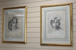 19th century English School, pair of stipple engravings, Portraits of young ladies, 50 x