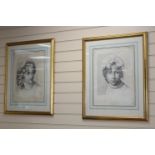 19th century English School, pair of stipple engravings, Portraits of young ladies, 50 x